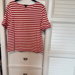 J. Crew Bold orange/red and White Striped Top with ruffle on sleeve. Medium